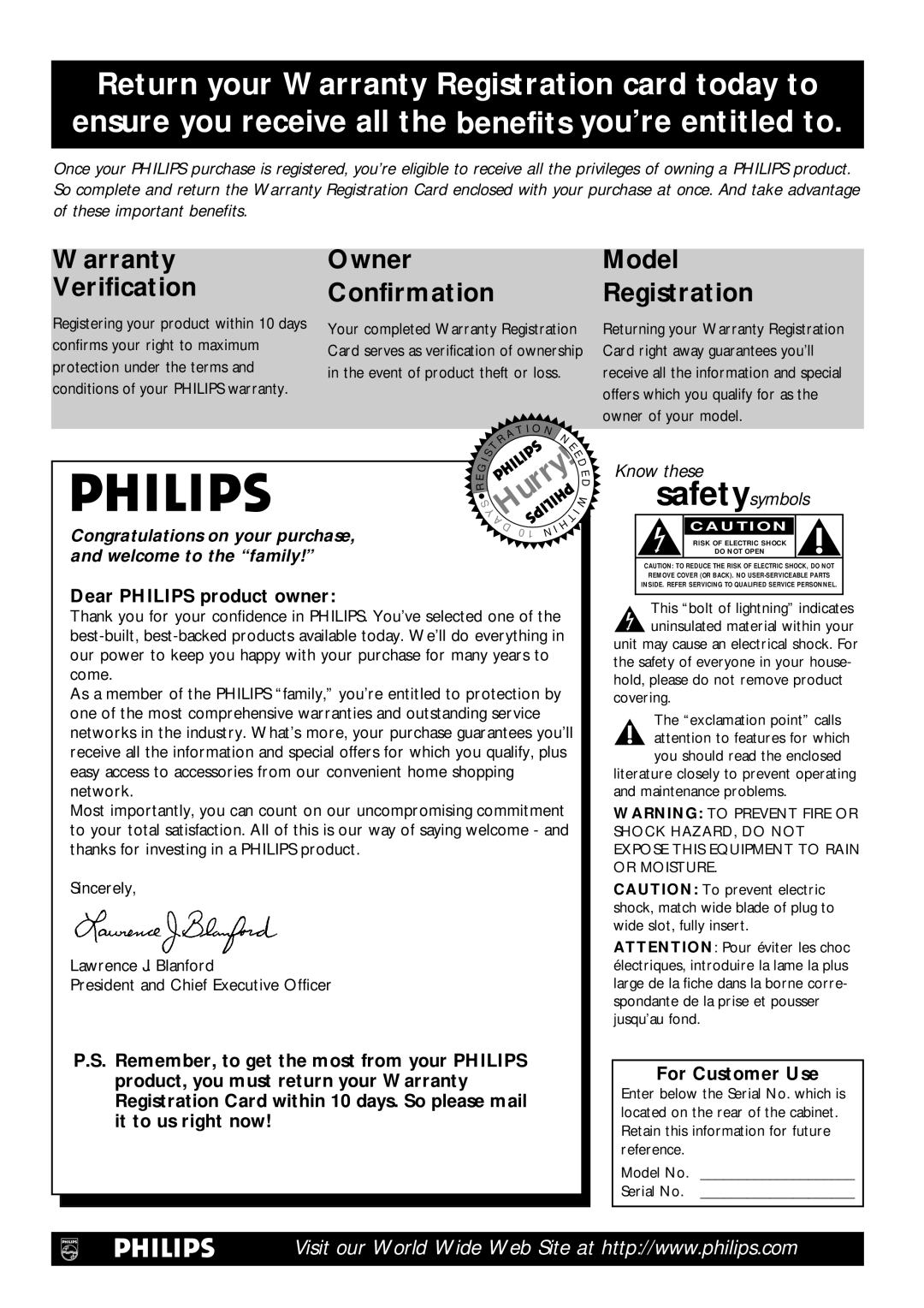 Philips DVDR1000 owner manual Dear Philips product owner, It to us right now, For Customer Use 