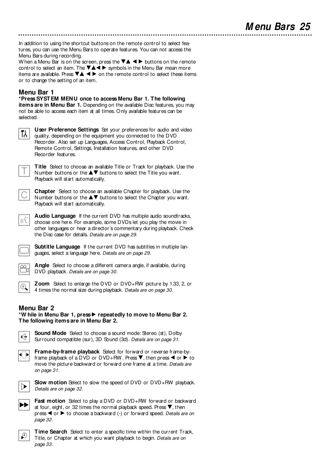 Philips DVDR1000 owner manual Menu Bars 