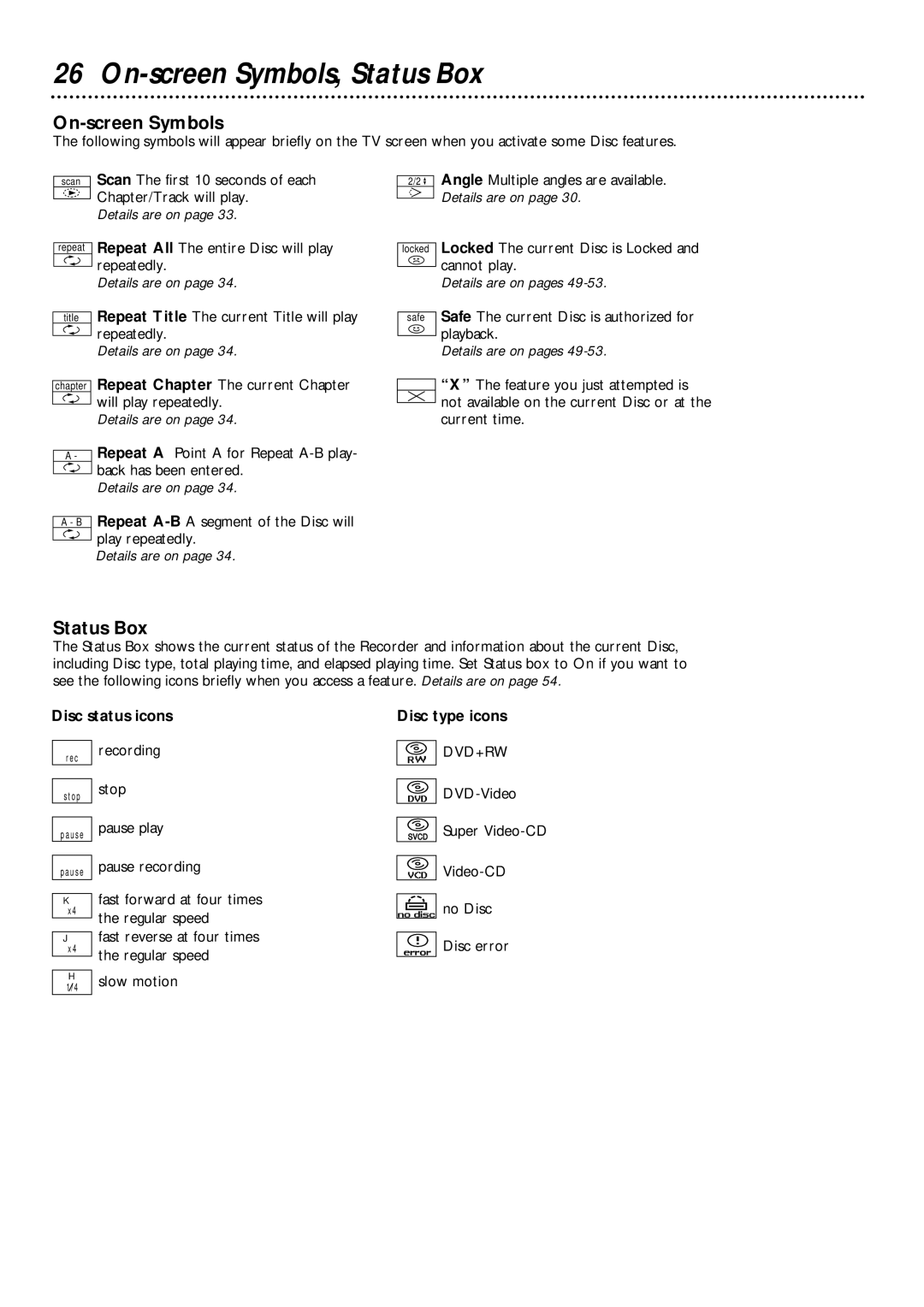 Philips DVDR1000 owner manual On-screen Symbols, Status Box, Disc status icons, Disc type icons 