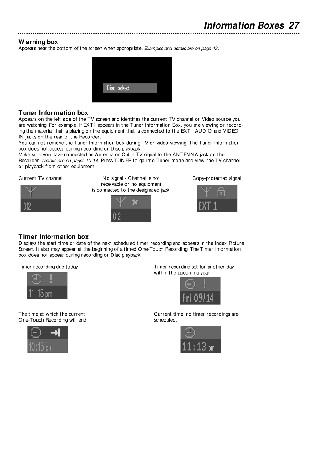 Philips DVDR1000 owner manual Information Boxes, Tuner Information box, Timer Information box 