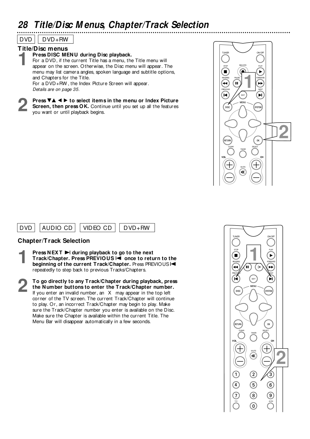 Philips DVDR1000 owner manual Title/Disc menus, Chapter/Track Selection, Press Disc Menu during Disc playback 