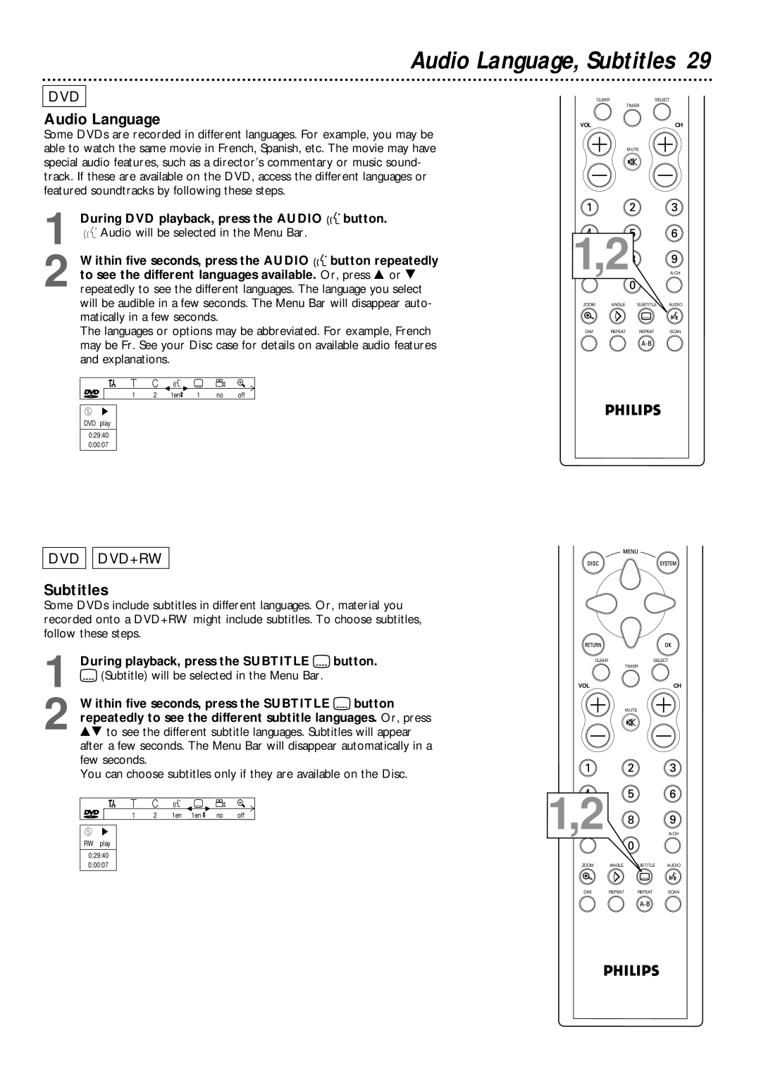 Philips DVDR1000 owner manual Audio Language, Subtitles 