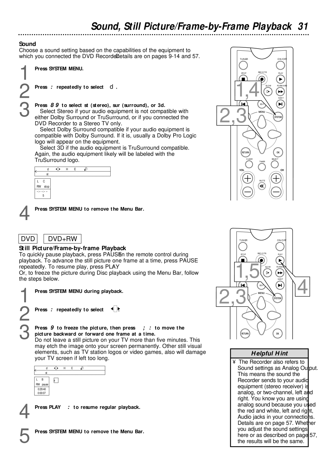 Philips DVDR1000 owner manual Sound, Still Picture/Frame-by-frame Playback, Press System Menu to remove the Menu Bar 