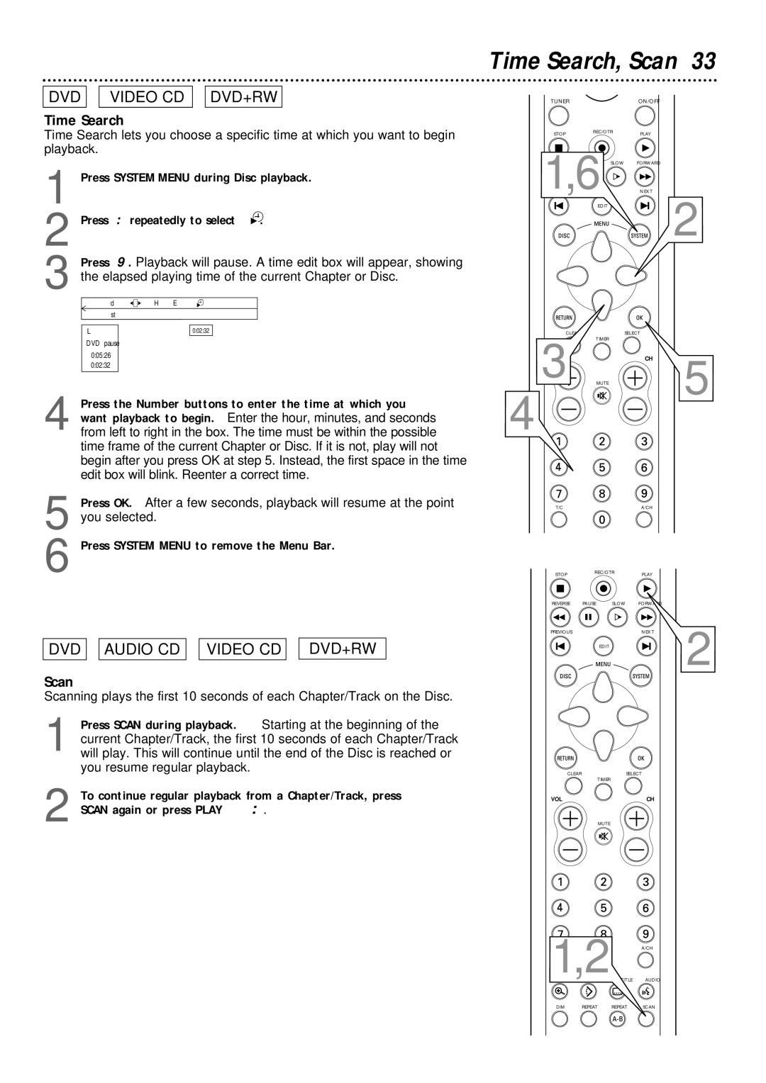 Philips DVDR1000 owner manual Time Search, Scan 