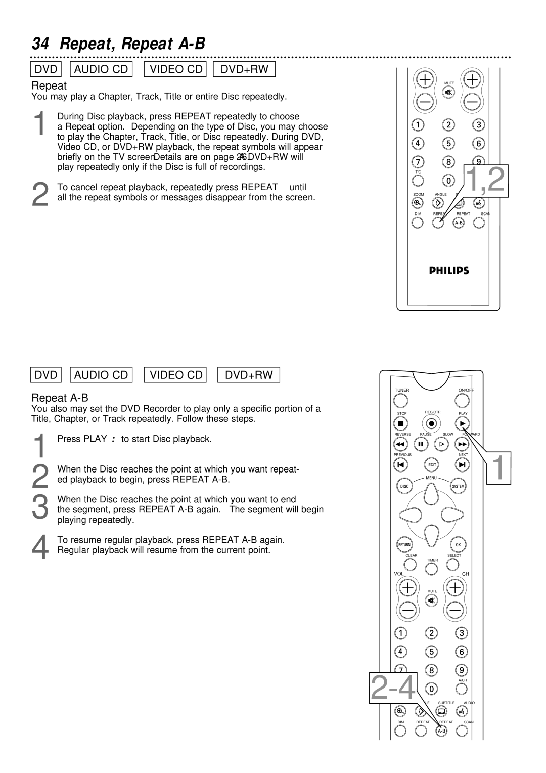 Philips DVDR1000 owner manual Repeat, Repeat A-B 