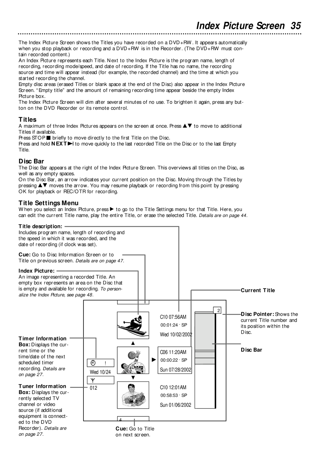 Philips DVDR1000 owner manual Index Picture Screen, Titles, Disc Bar, Title Settings Menu 