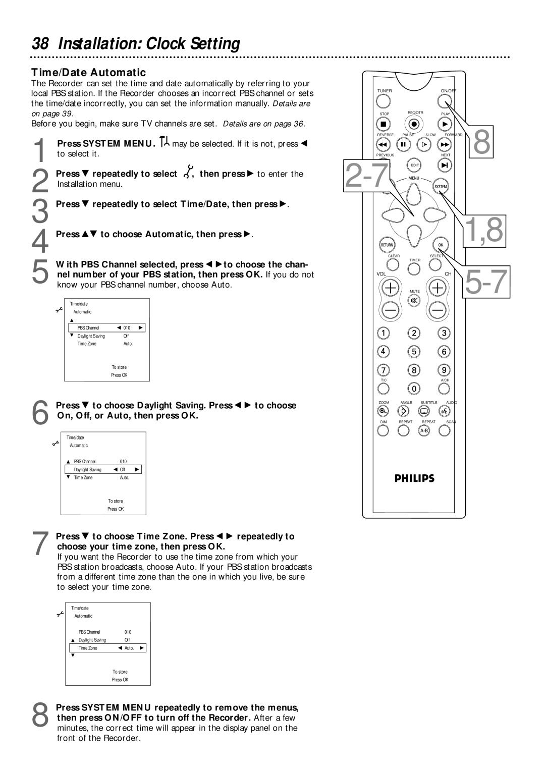 Philips DVDR1000 owner manual Installation Clock Setting, Time/Date Automatic 