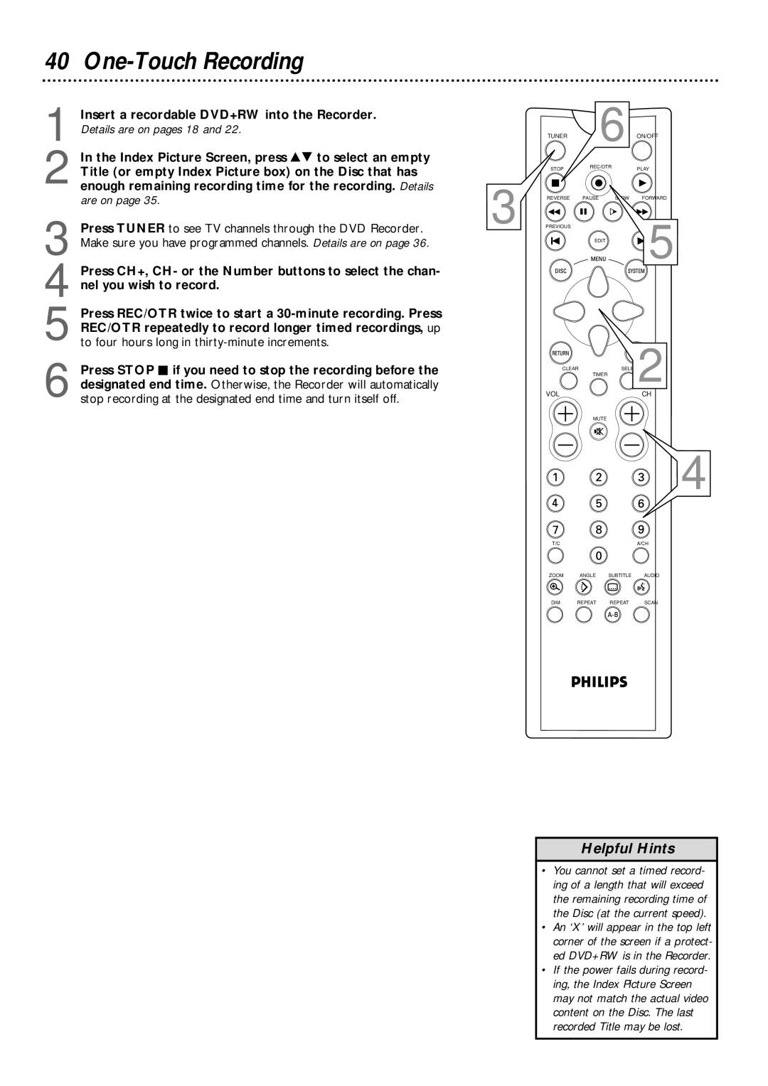 Philips DVDR1000 owner manual One-Touch Recording 