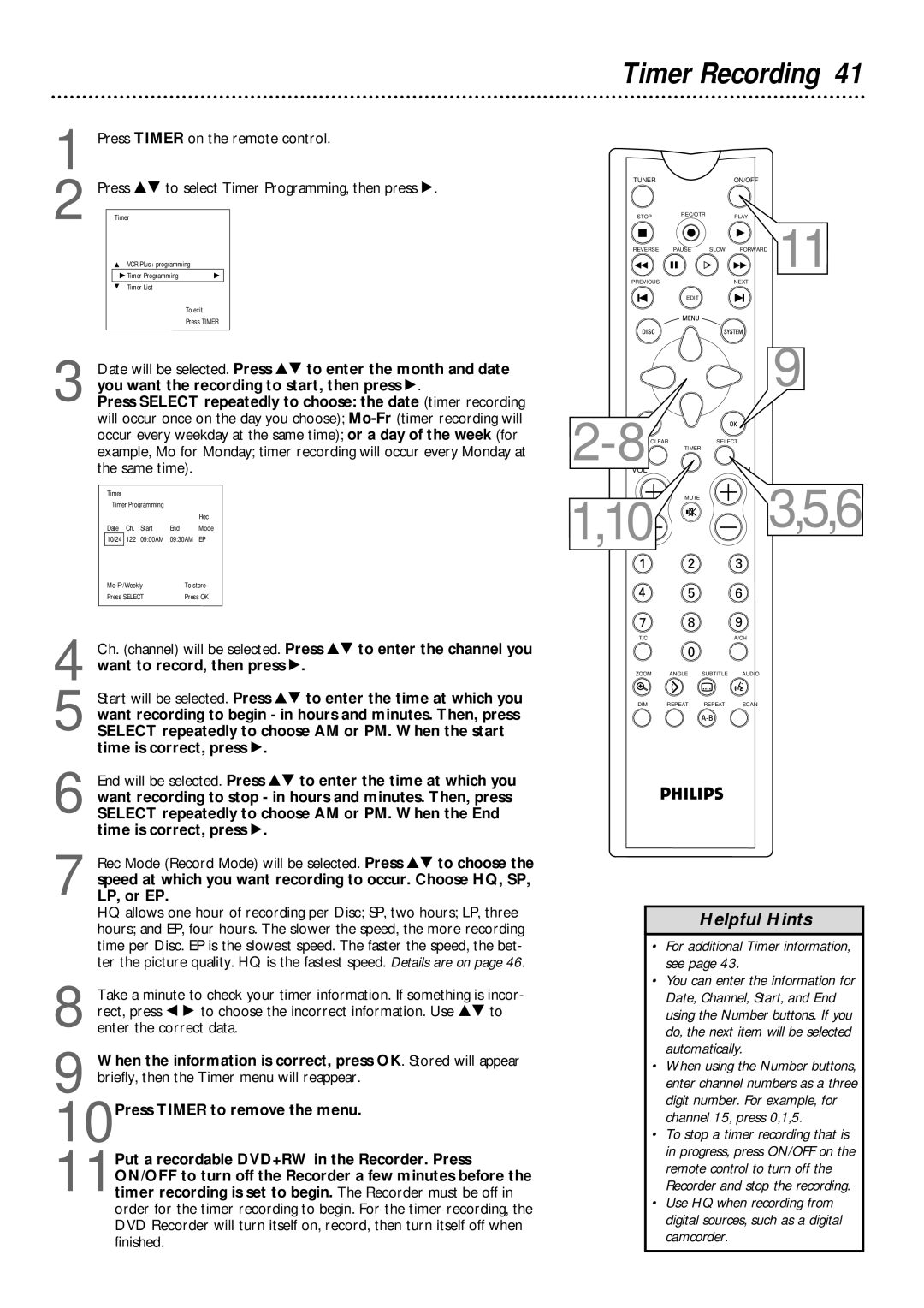 Philips DVDR1000 owner manual Timer Recording, For additional Timer information, see 