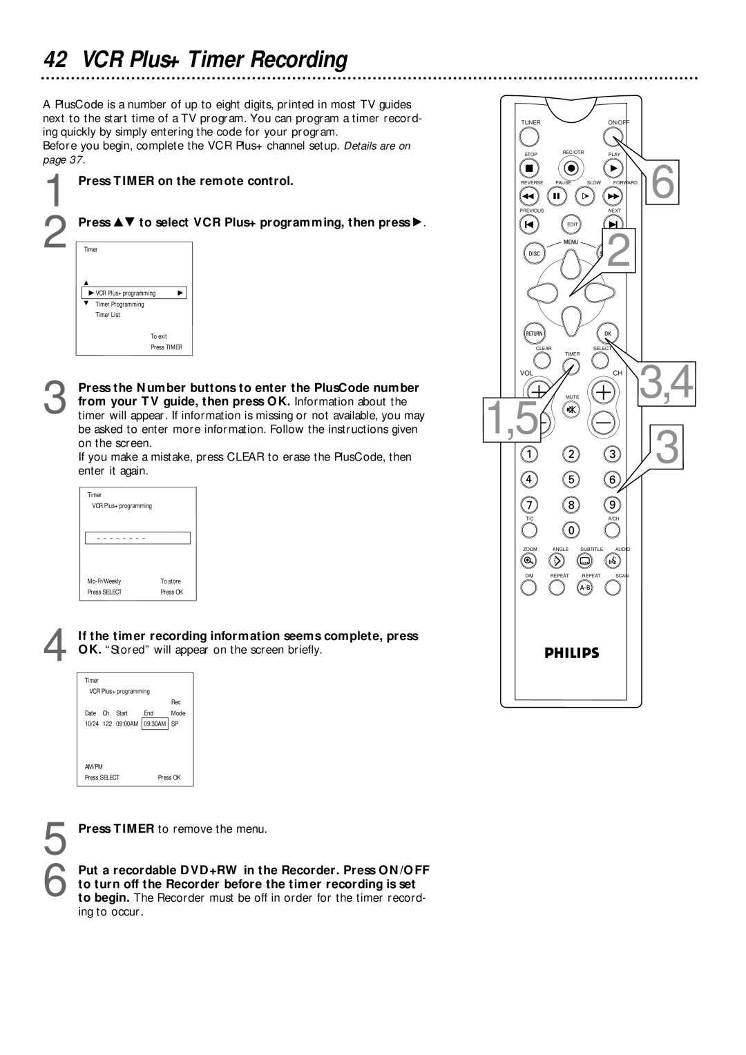 Philips DVDR1000 owner manual VCR Plus+ Timer Recording 