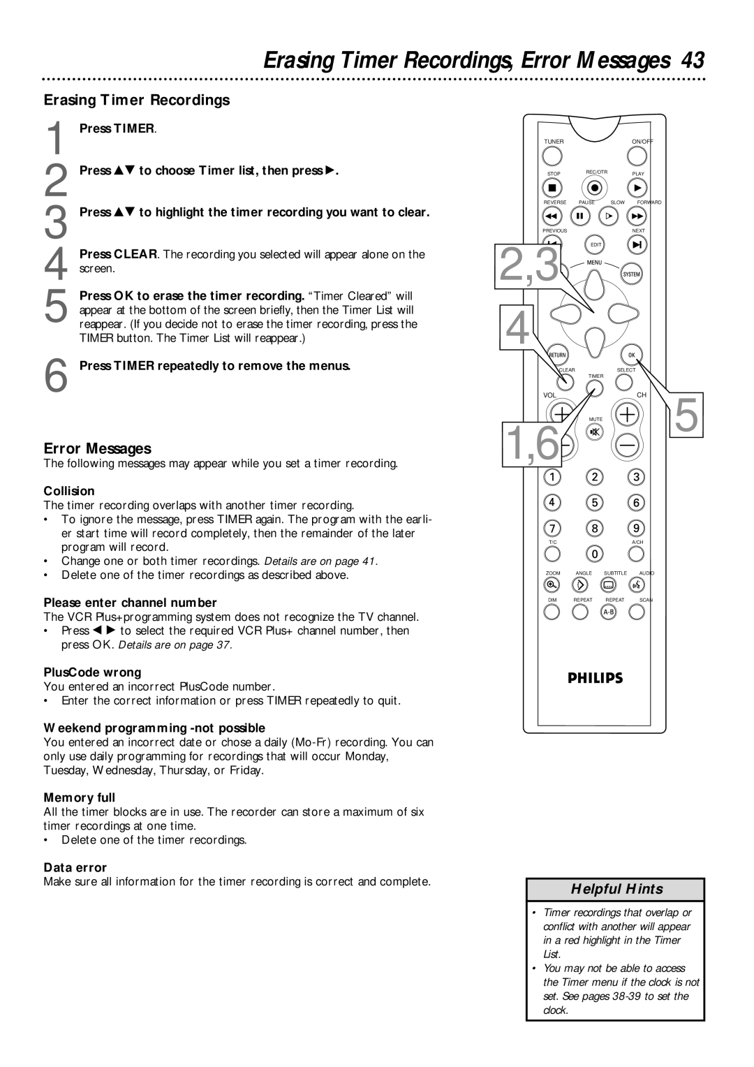 Philips DVDR1000 owner manual Erasing Timer Recordings, Error Messages 