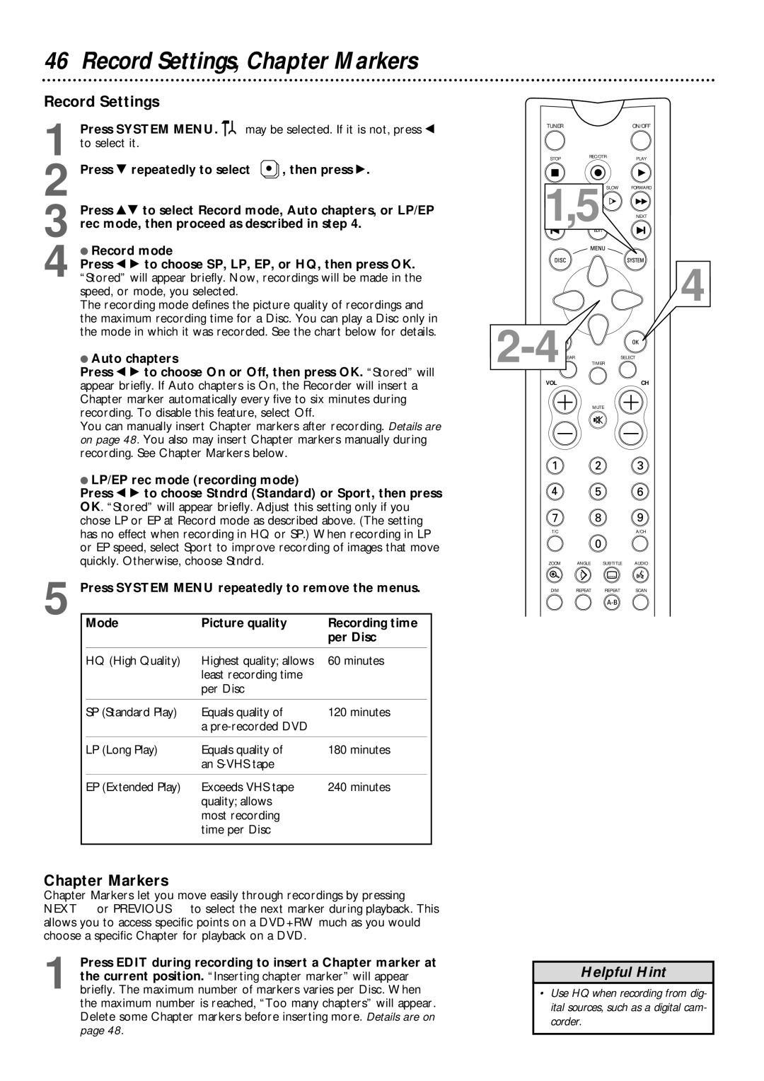 Philips DVDR1000 owner manual Record Settings, Chapter Markers 