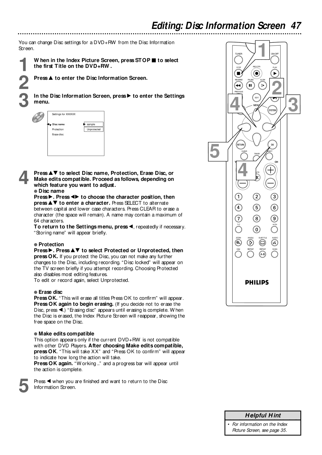 Philips DVDR1000 owner manual Editing Disc Information Screen 