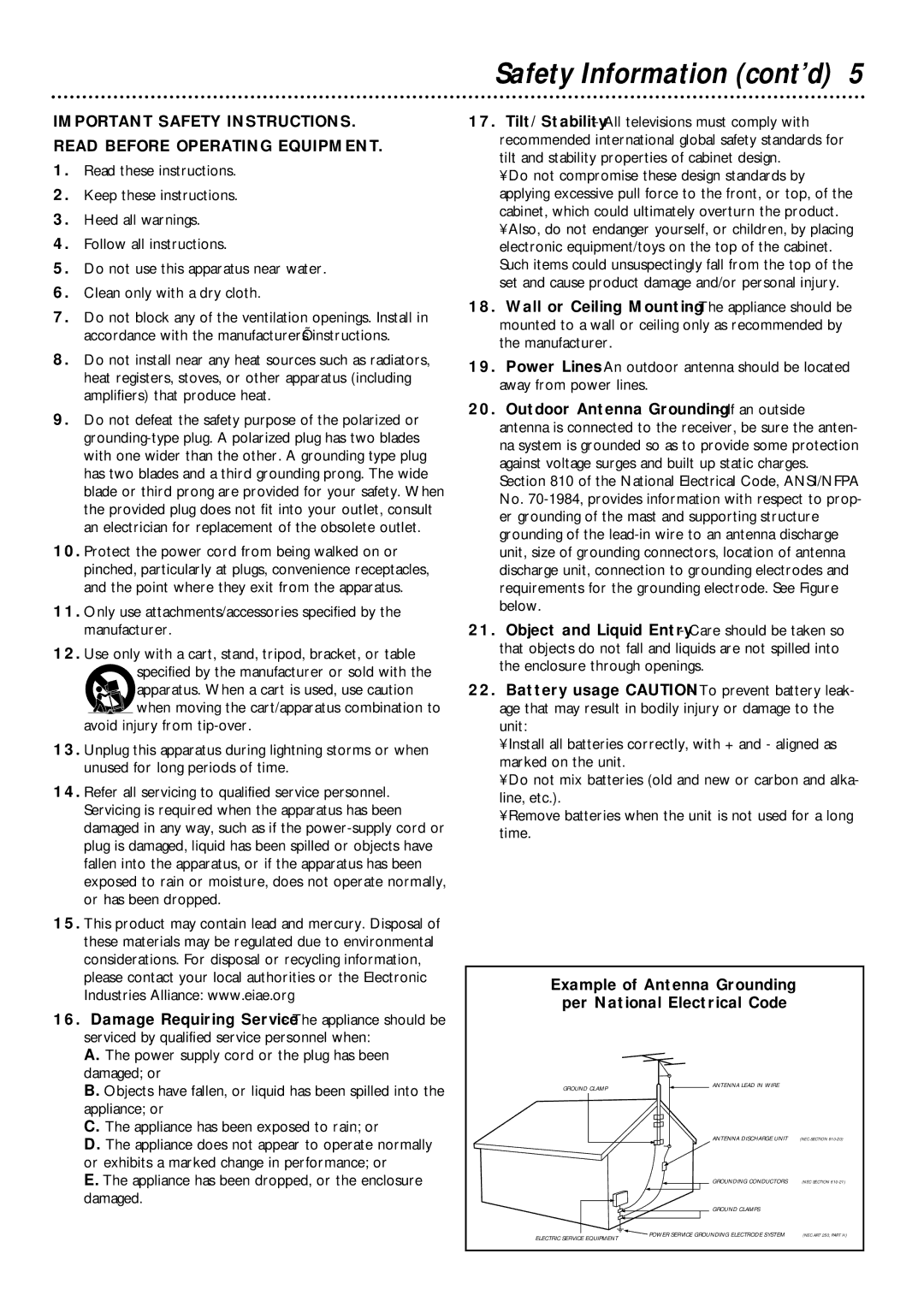 Philips DVDR1000 owner manual Safety Information cont’d, Example of Antenna Grounding Per National Electrical Code 