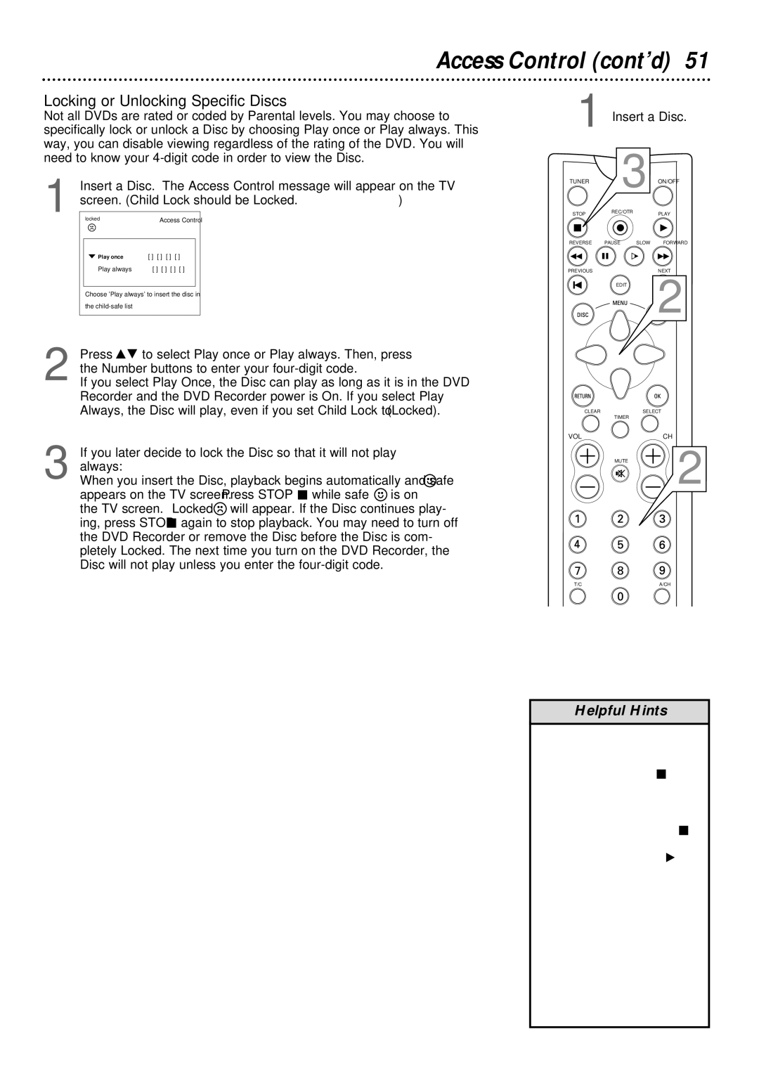 Philips DVDR1000 owner manual Access Control cont’d, Locking or Unlocking Specific Discs 