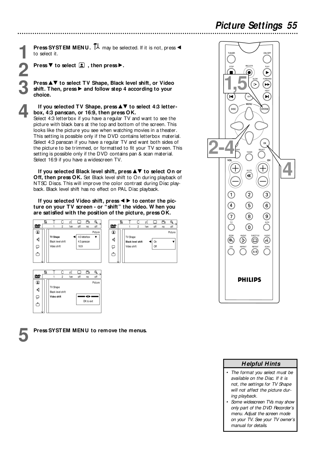 Philips DVDR1000 owner manual Picture Settings, Press System Menu 