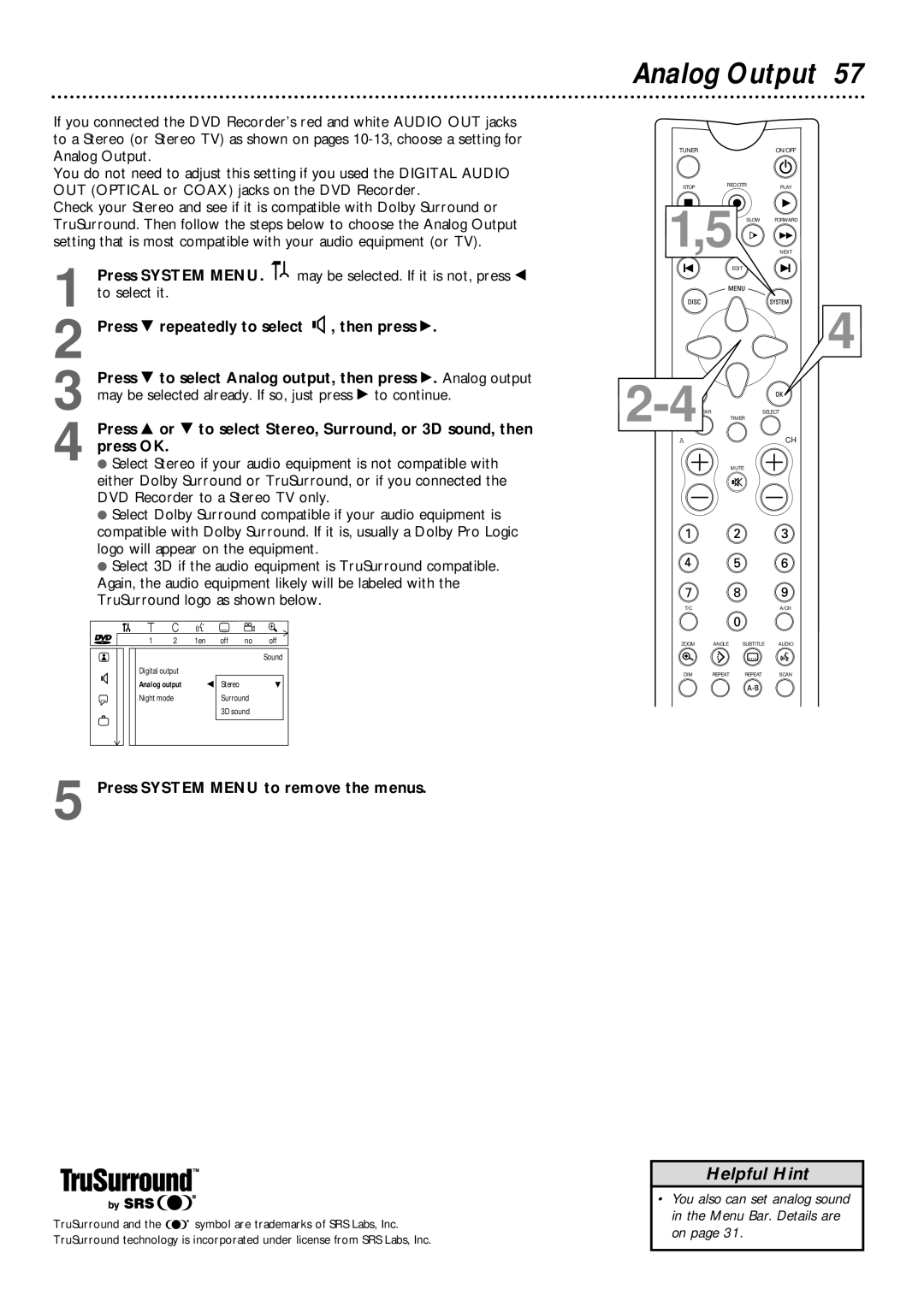 Philips DVDR1000 owner manual Analog Output 