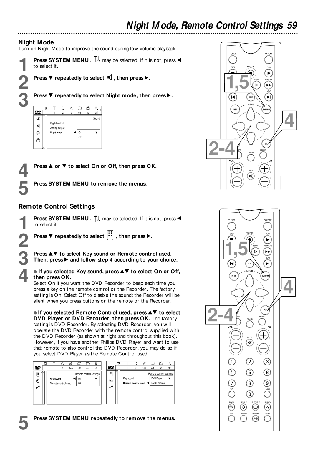 Philips DVDR1000 owner manual Night Mode, Remote Control Settings 