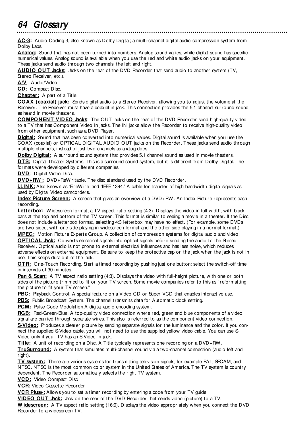 Philips DVDR1000 owner manual Glossary 