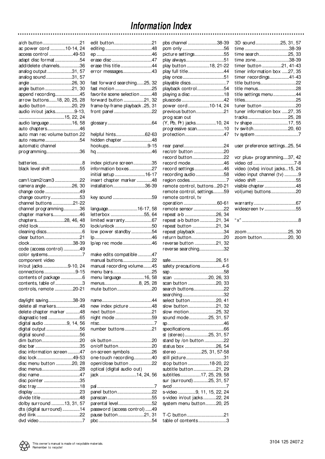 Philips DVDR1000 owner manual Information Index, 49-53 