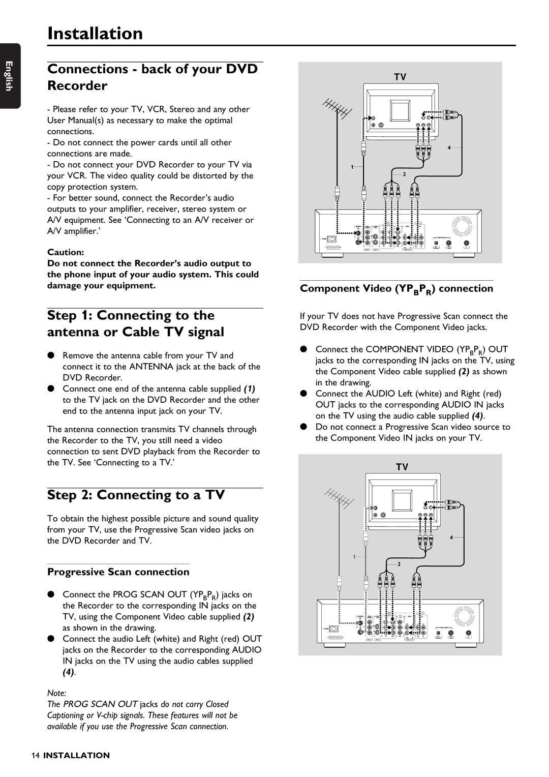 Philips DVDR1500 warranty Installation, Connections back of your DVD Recorder, Connecting to the antenna or Cable TV signal 