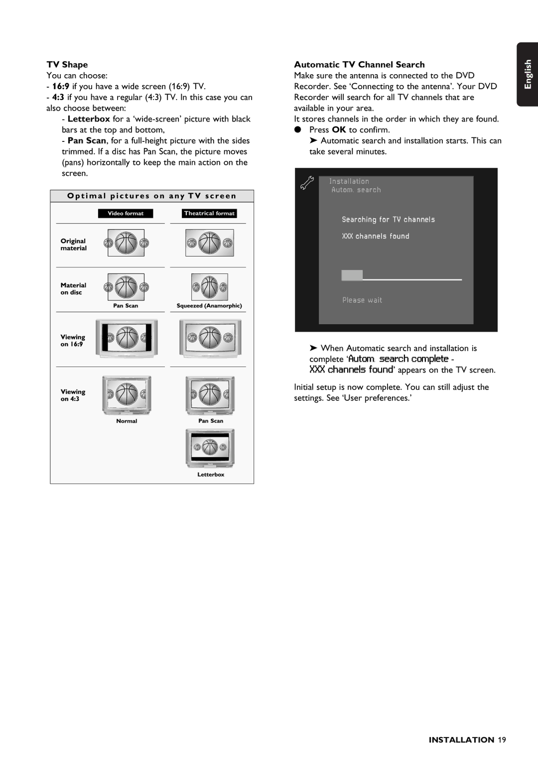 Philips DVDR1500 warranty TV Shape, Automatic TV Channel Search 