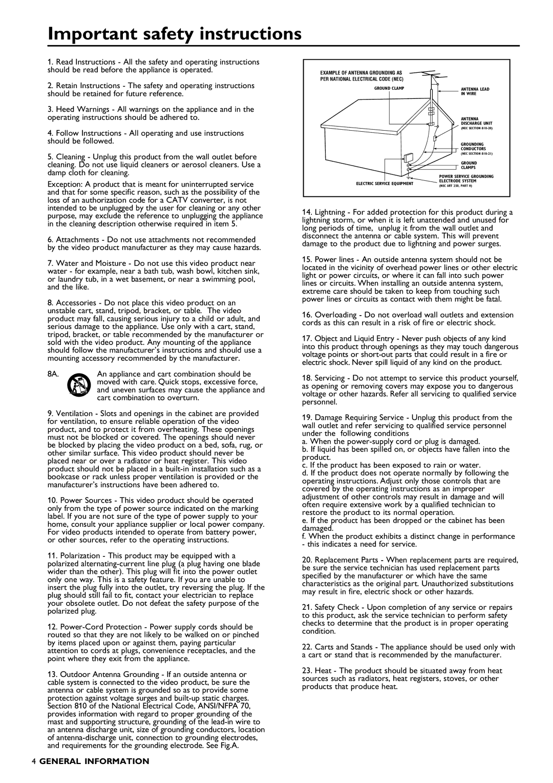 Philips DVDR1500 warranty Important safety instructions, General Information 