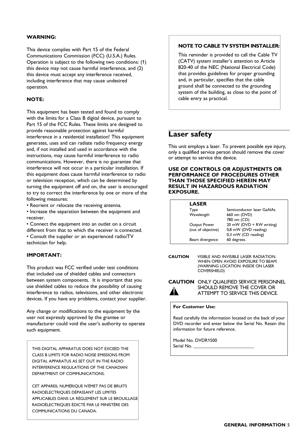 Philips DVDR1500 warranty Laser safety, For Customer Use 