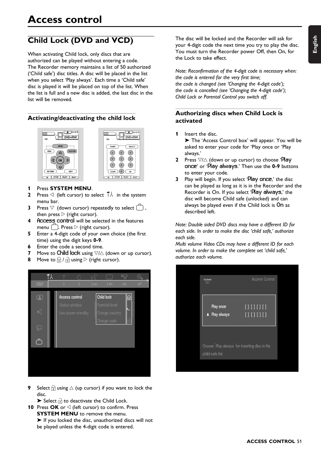 Philips DVDR1500 warranty Access control, Child Lock DVD and VCD, Activating/deactivating the child lock, Press System Menu 