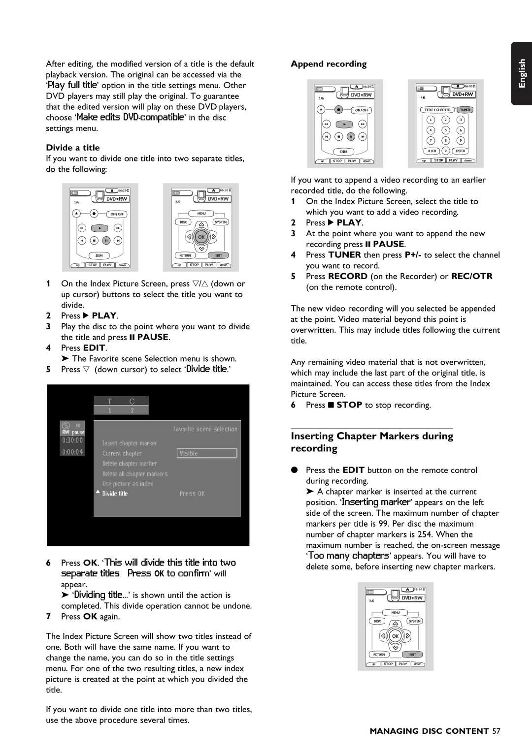 Philips DVDR1500 warranty Inserting Chapter Markers during recording, Divide a title, Append recording 