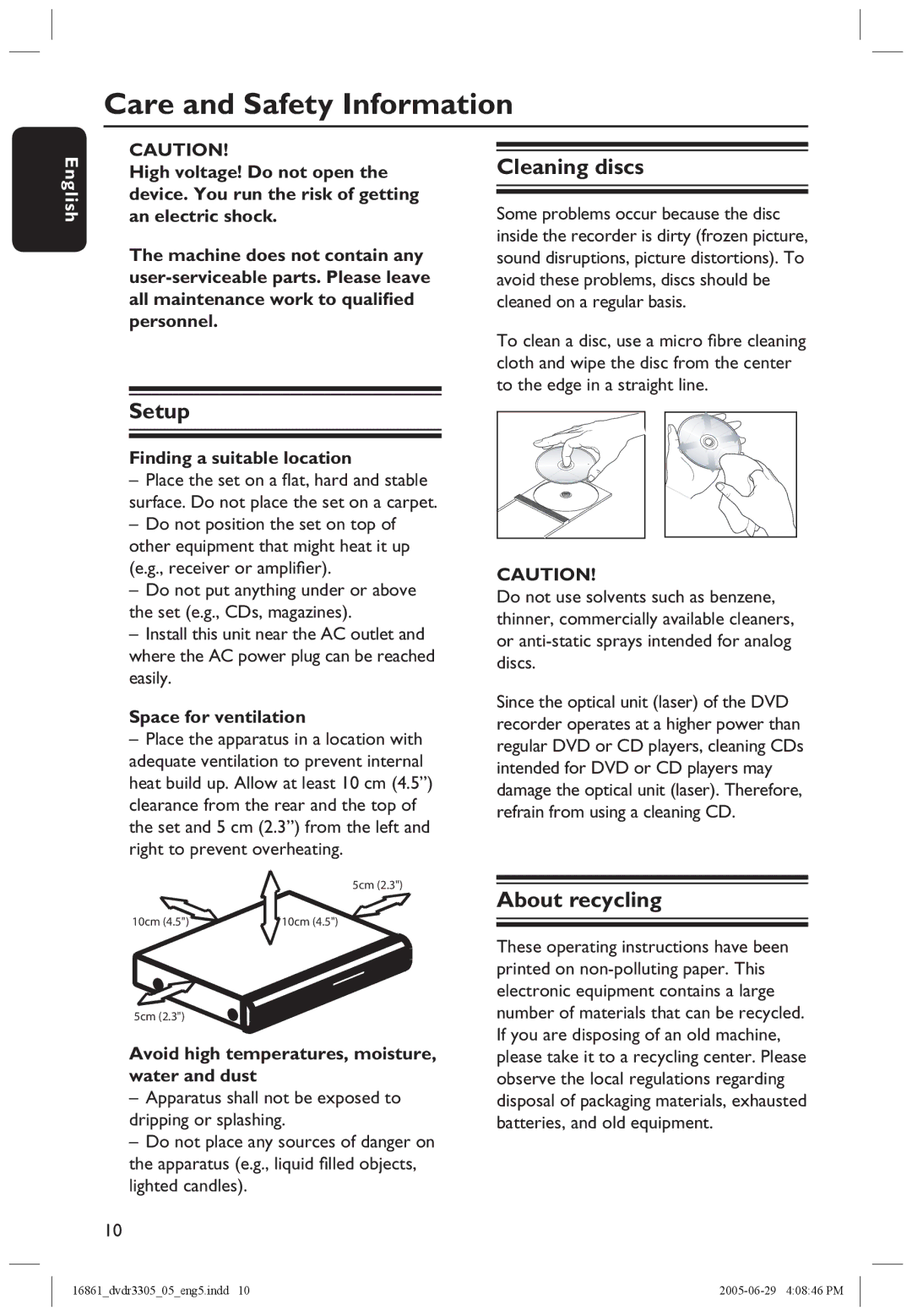 Philips DVDR3305 user manual Care and Safety Information, Cleaning discs, Setup, About recycling 