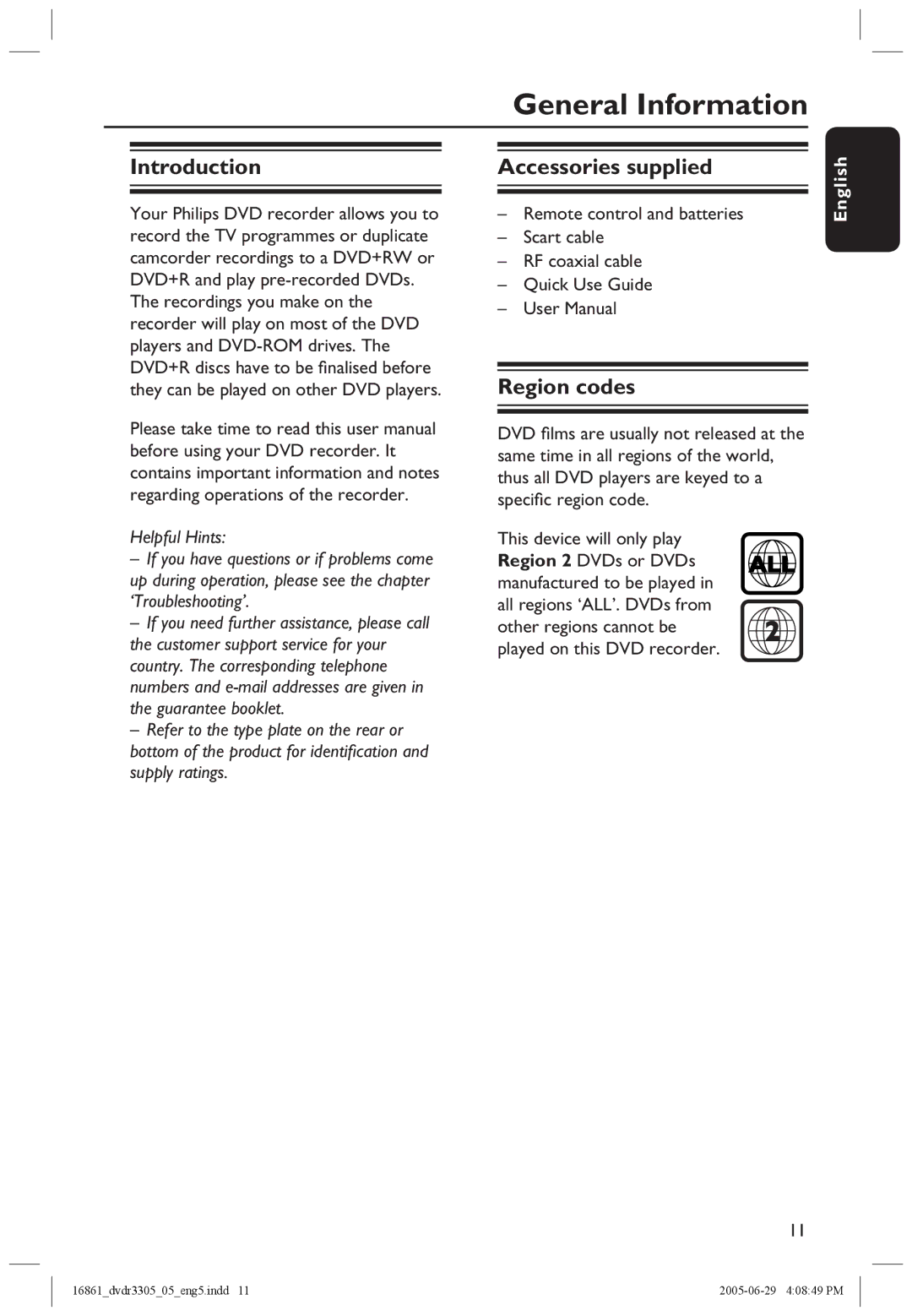 Philips DVDR3305 user manual General Information, Introduction, Accessories supplied, Region codes 