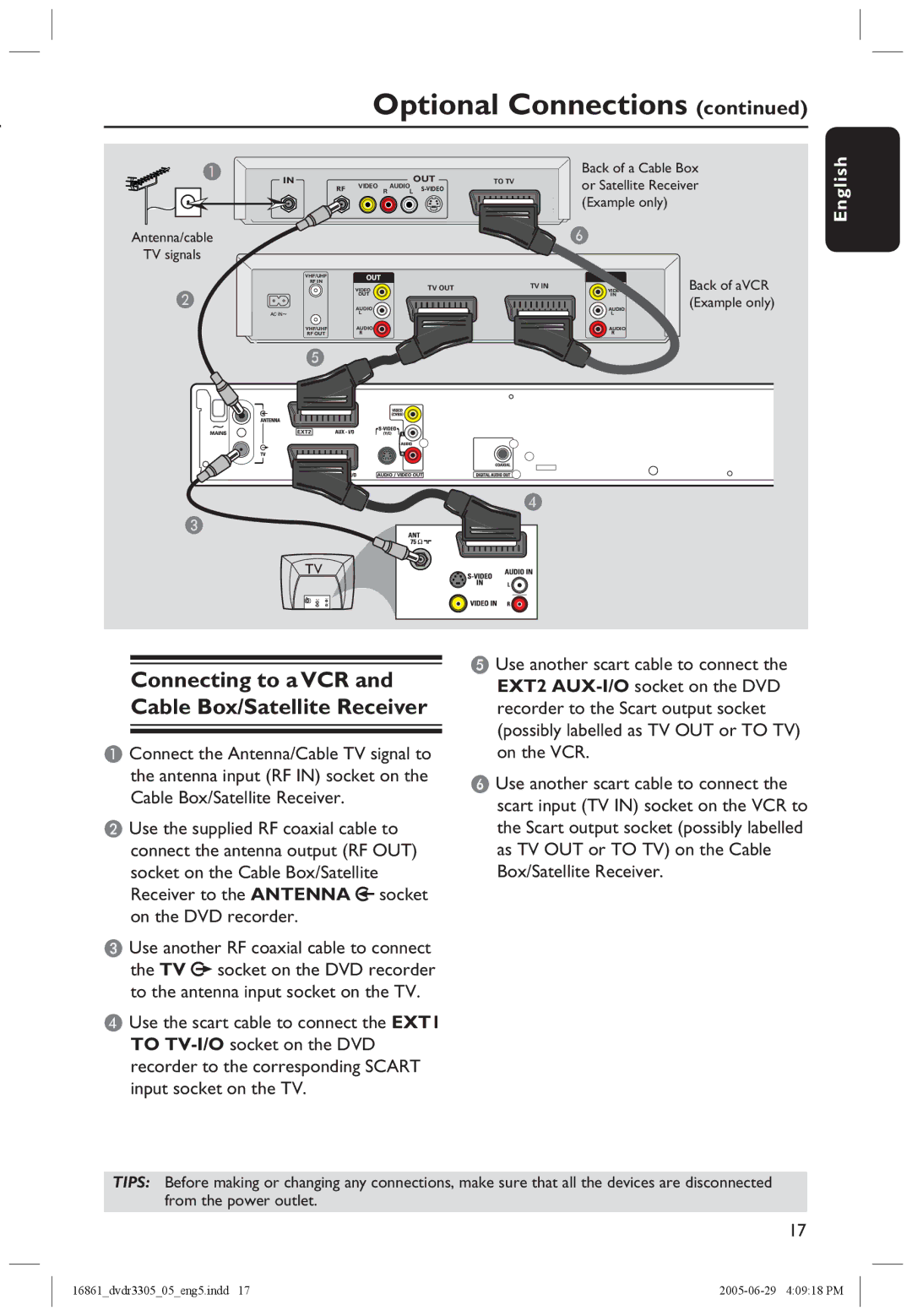 Philips DVDR3305 user manual Connecting to a VCR and Cable Box/Satellite Receiver 