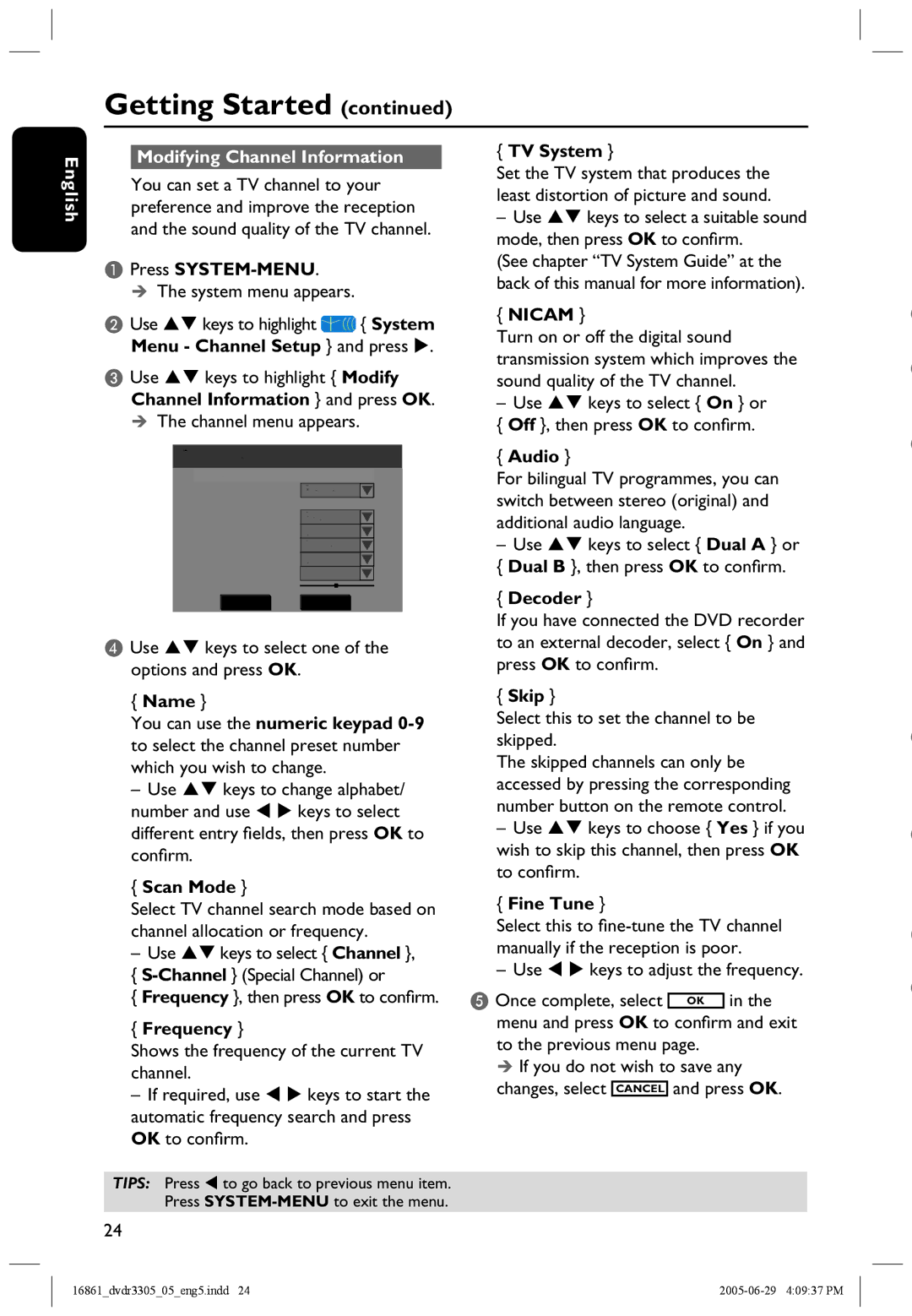 Philips DVDR3305 user manual English Modifying Channel Information 