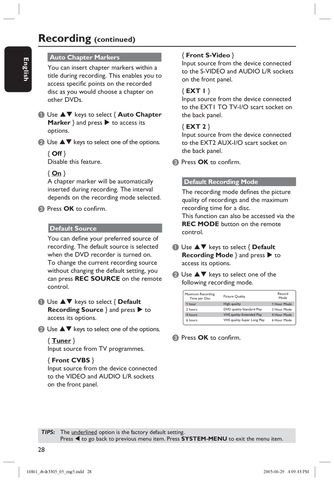 Philips DVDR3305 user manual English Auto Chapter Markers, Default Source, Default Recording Mode 