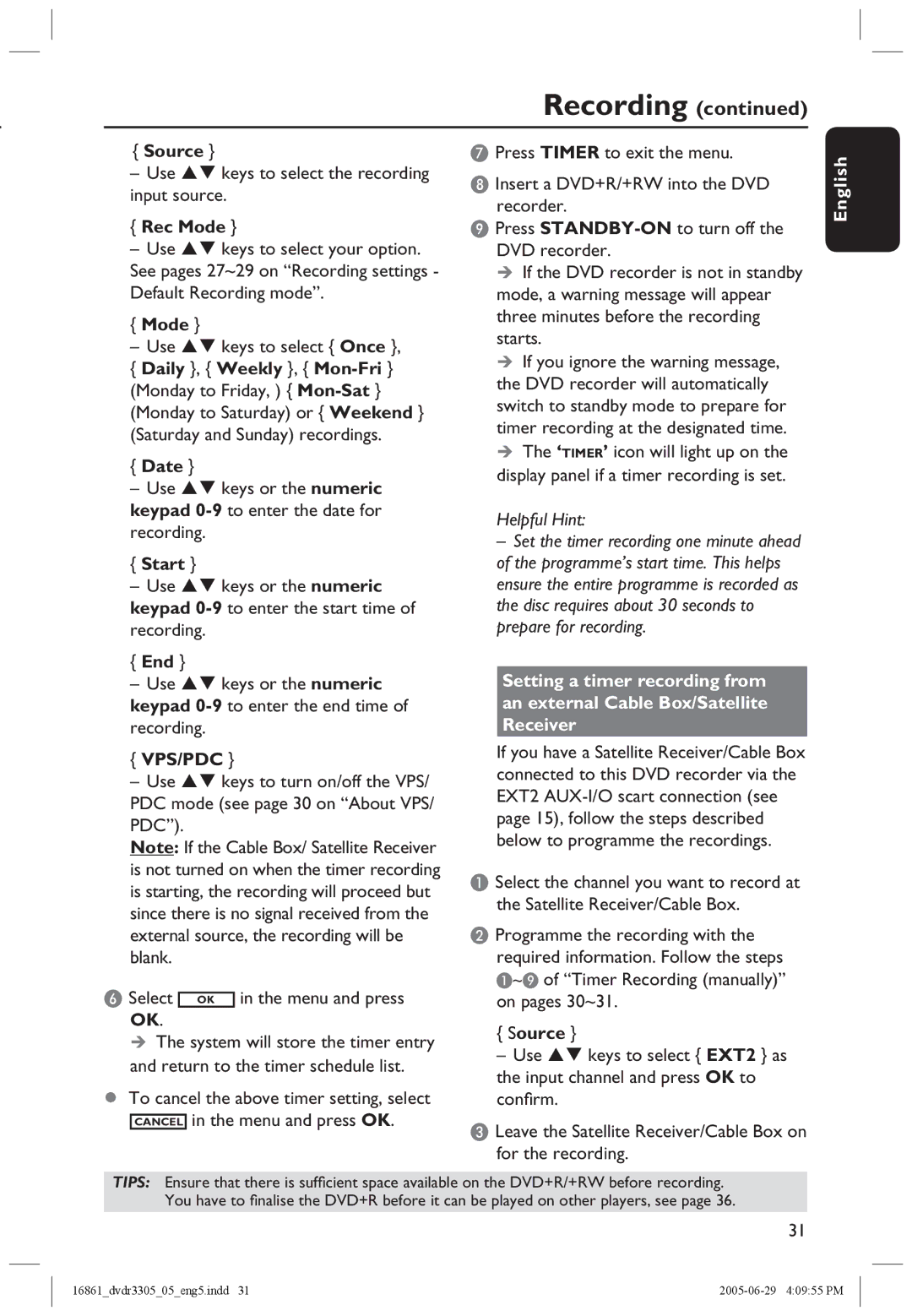 Philips DVDR3305 user manual Source, Rec Mode, Date, Start, End 