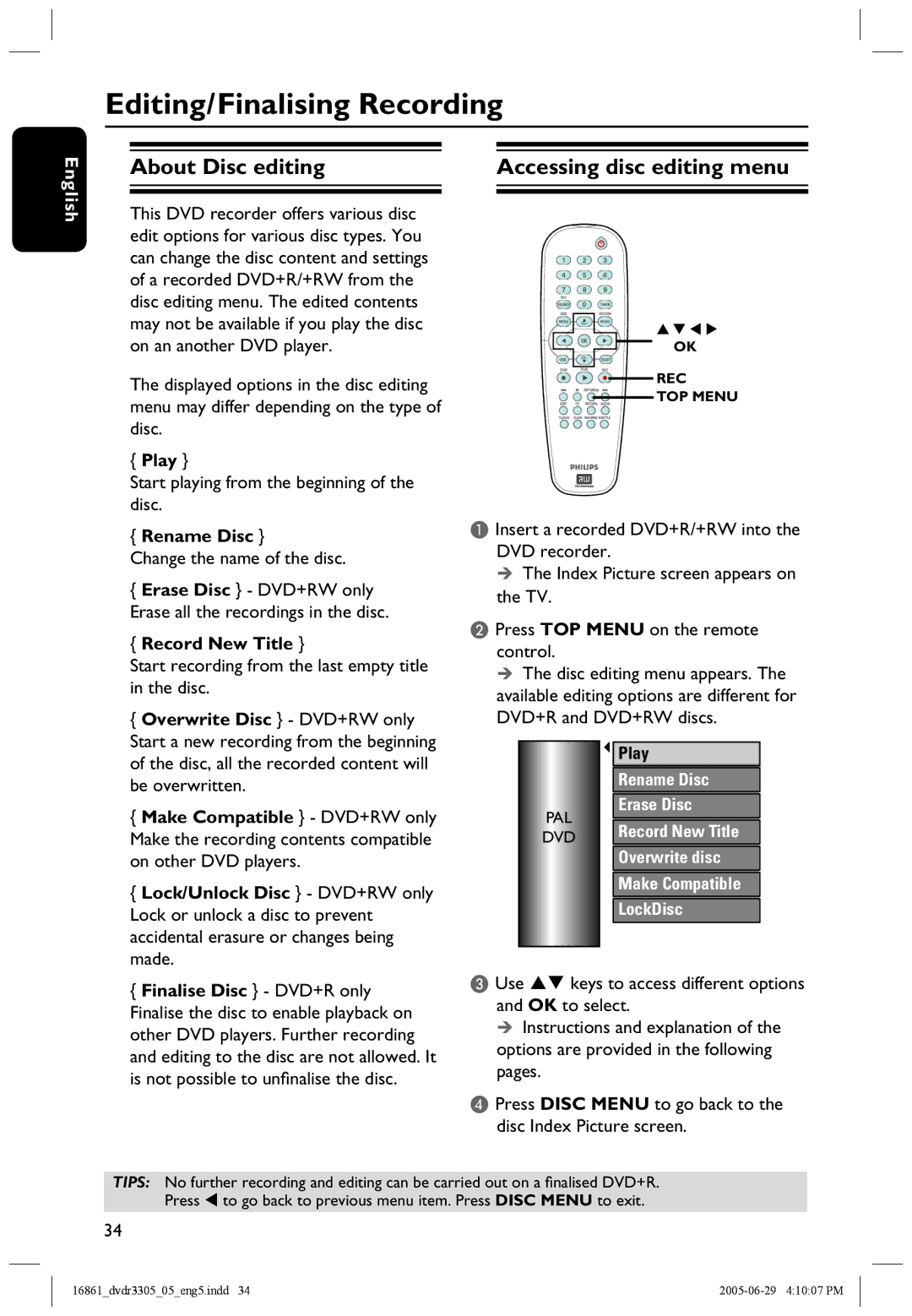 Philips DVDR3305 user manual Editing/Finalising Recording, About Disc editing, Accessing disc editing menu 