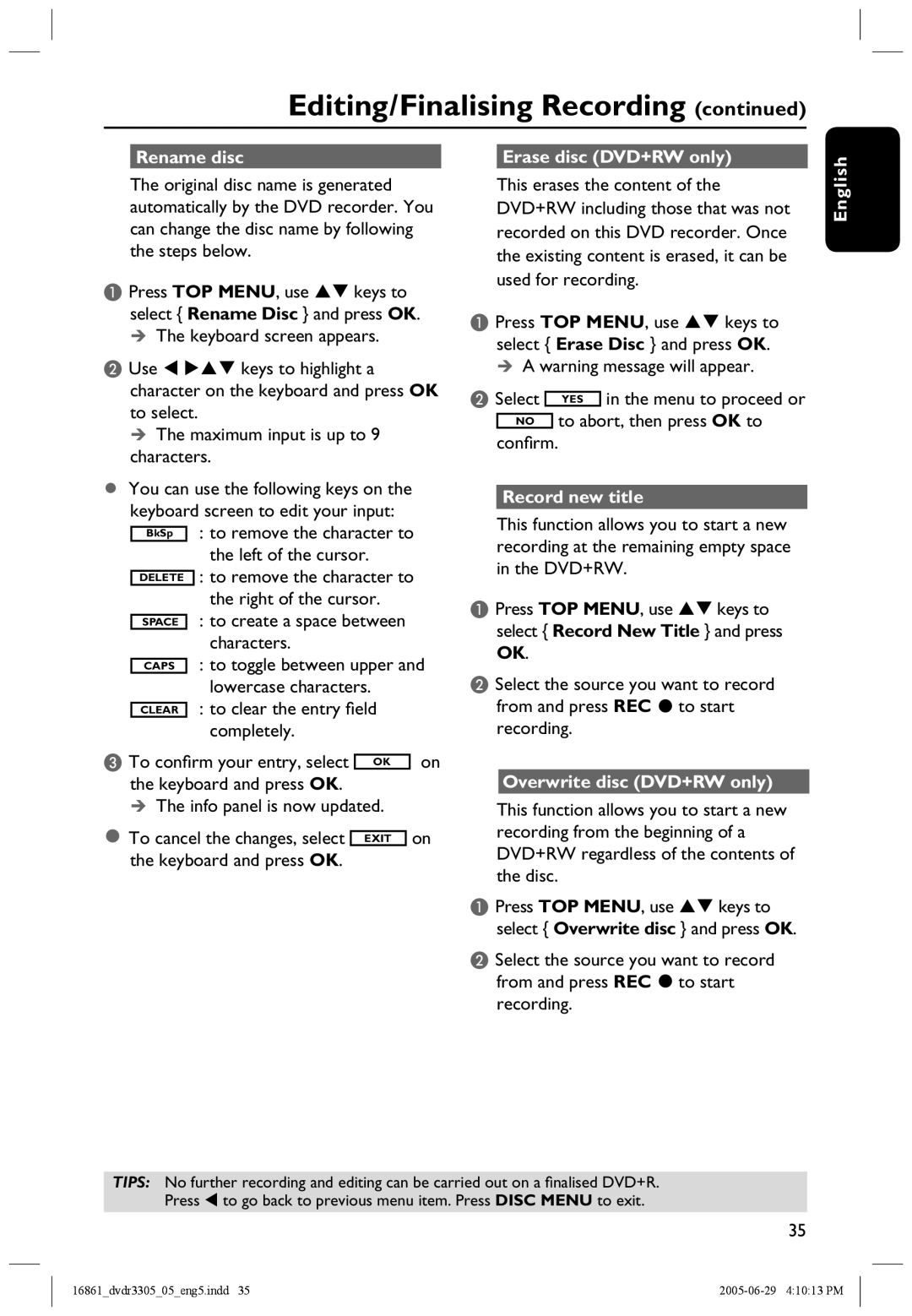 Philips DVDR3305 user manual Rename disc, Erase disc DVD+RW only, Record new title, Overwrite disc DVD+RW only 