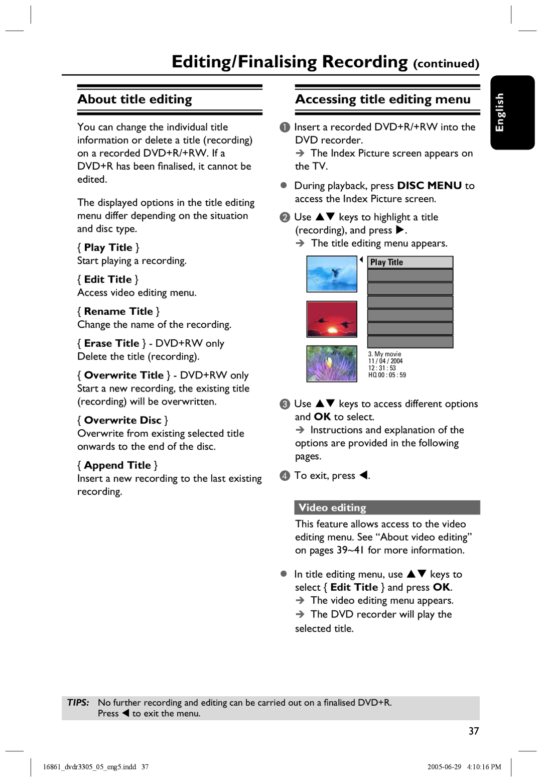 Philips DVDR3305 user manual About title editing, Accessing title editing menu, Video editing 