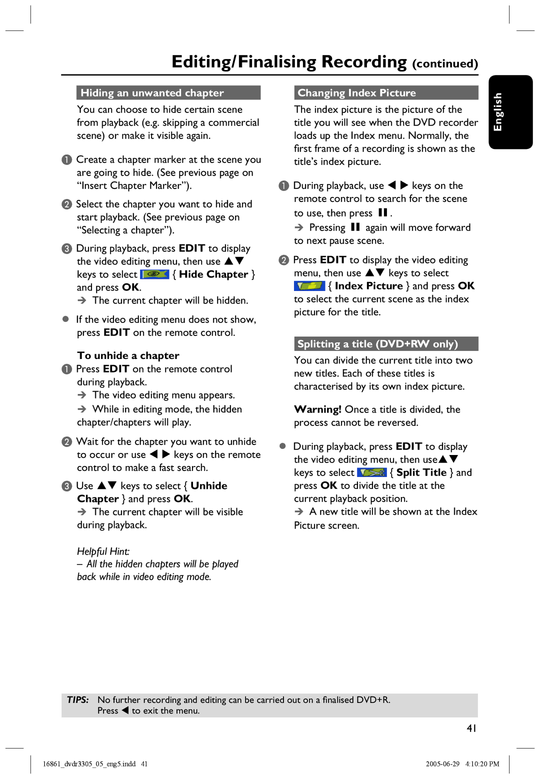 Philips DVDR3305 Hiding an unwanted chapter Changing Index Picture, To unhide a chapter, Splitting a title DVD+RW only 