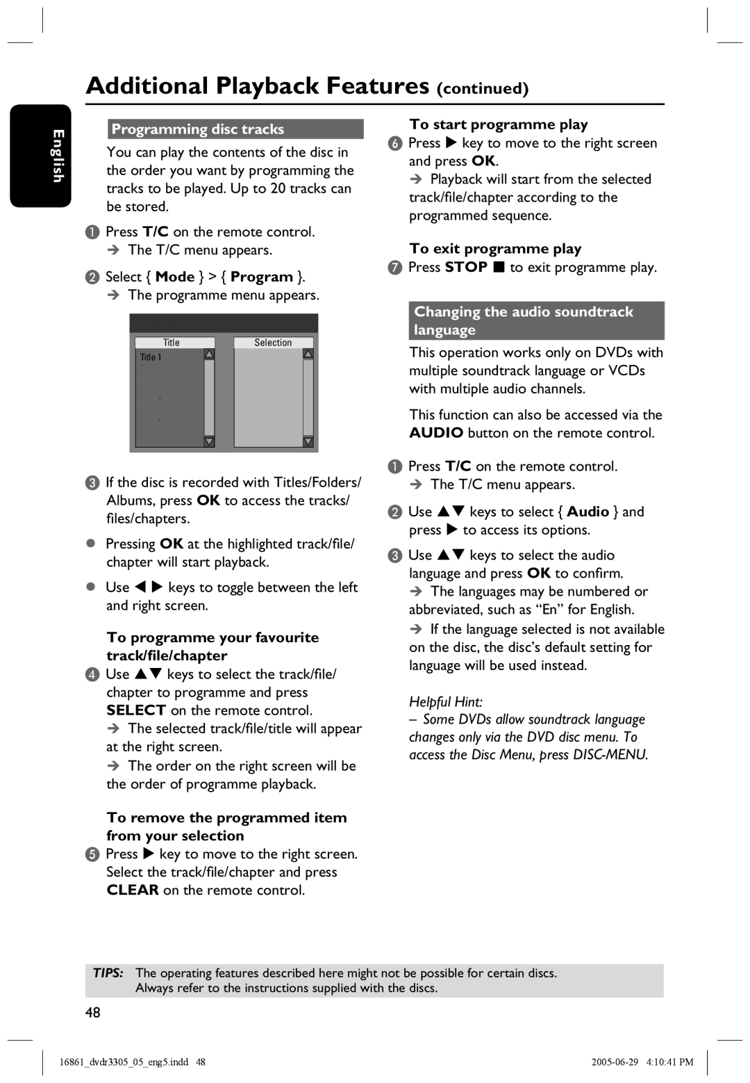 Philips DVDR3305 user manual English Programming disc tracks, Changing the audio soundtrack language 