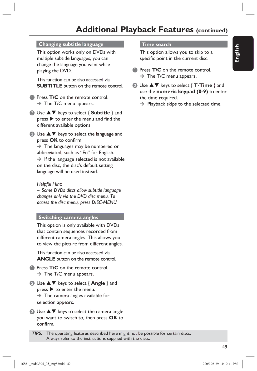 Philips DVDR3305 Changing subtitle language, Use  keys to select the language and press OK to conﬁrm, Time search 