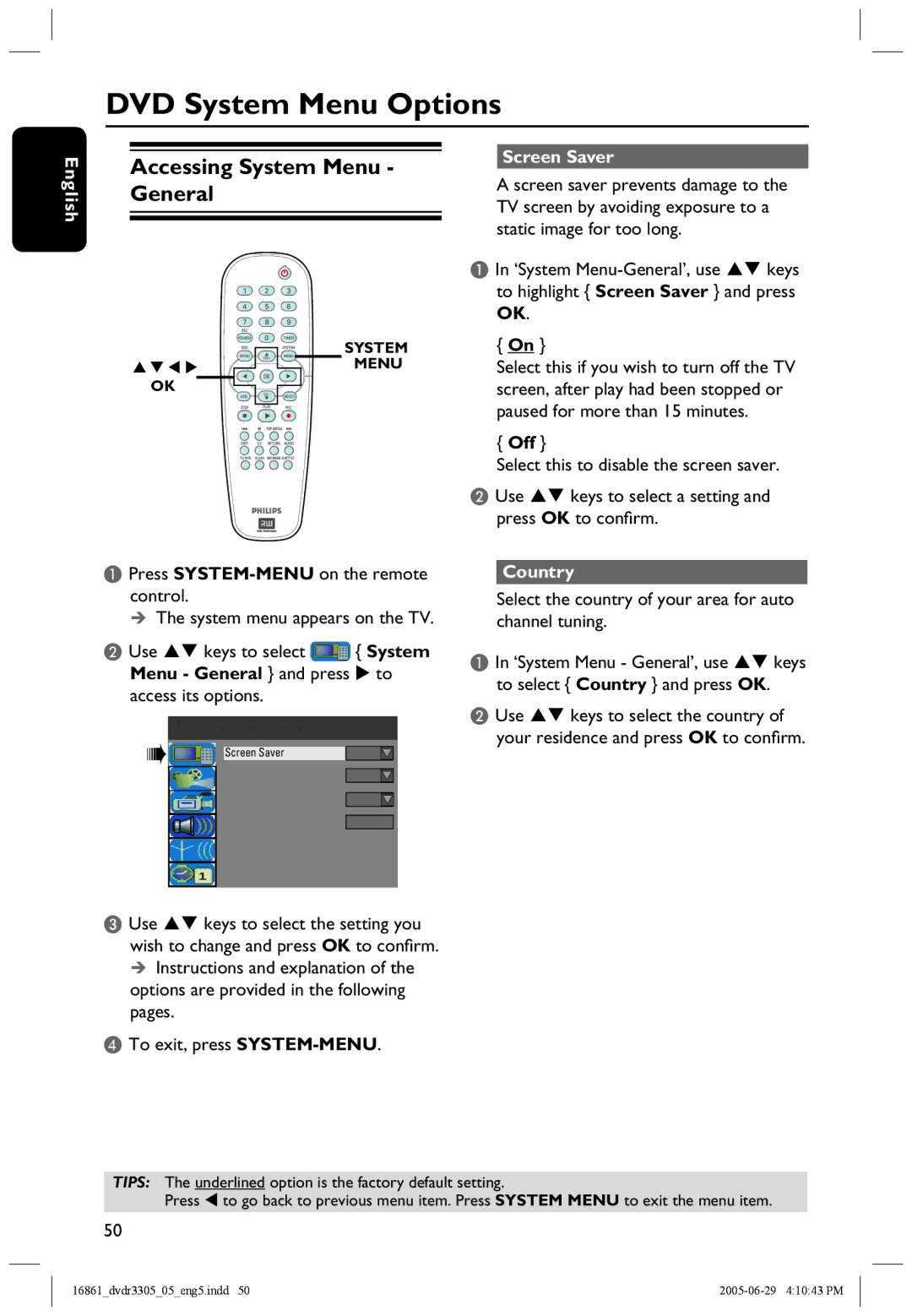 Philips DVDR3305 user manual DVD System Menu Options, Accessing System Menu General, Screen Saver, Country 