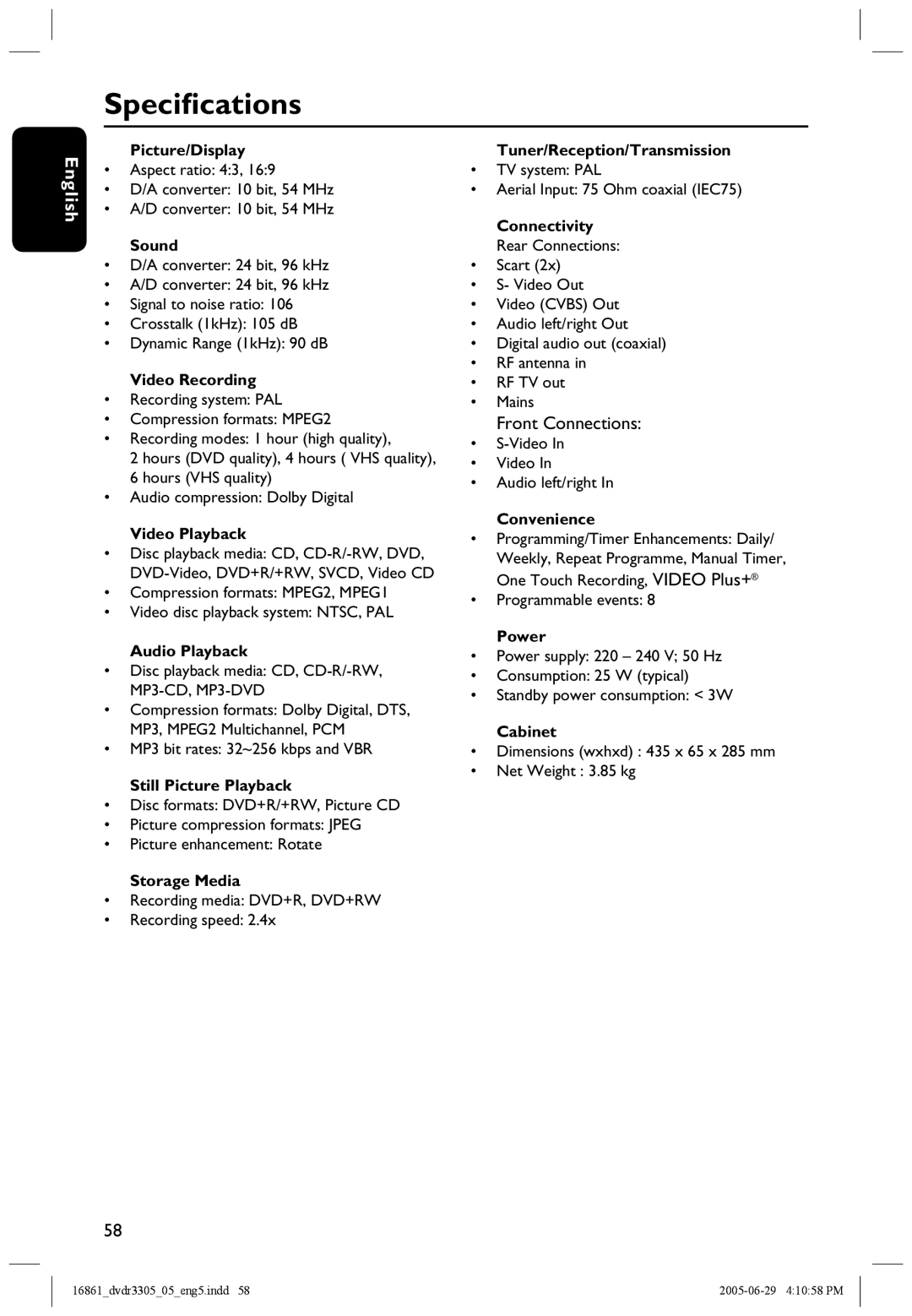 Philips DVDR3305 user manual Speciﬁcations, Front Connections 