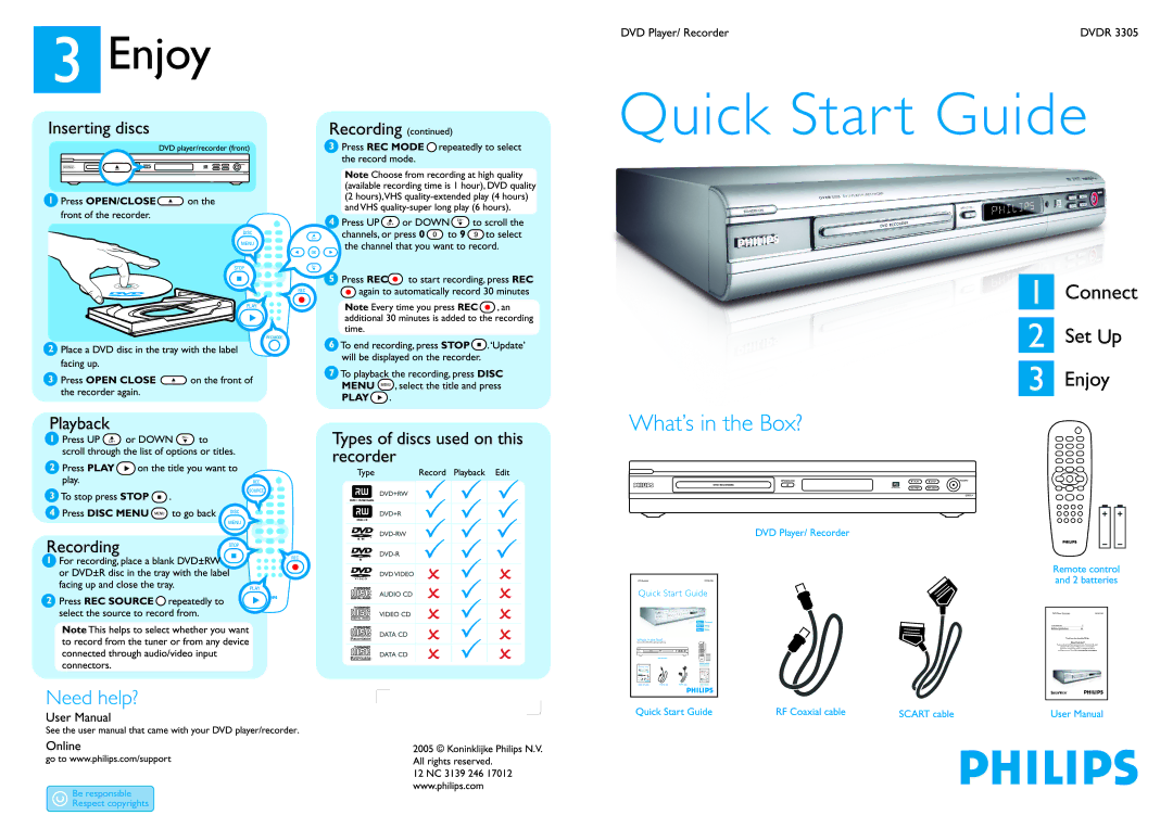 Philips DVDR3305/05B manual 