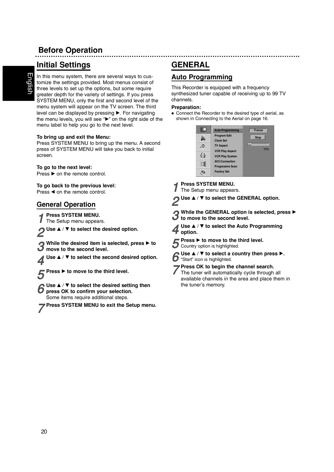 Philips DVDR3320V owner manual Before Operation Initial Settings, General Operation, Auto Programming 