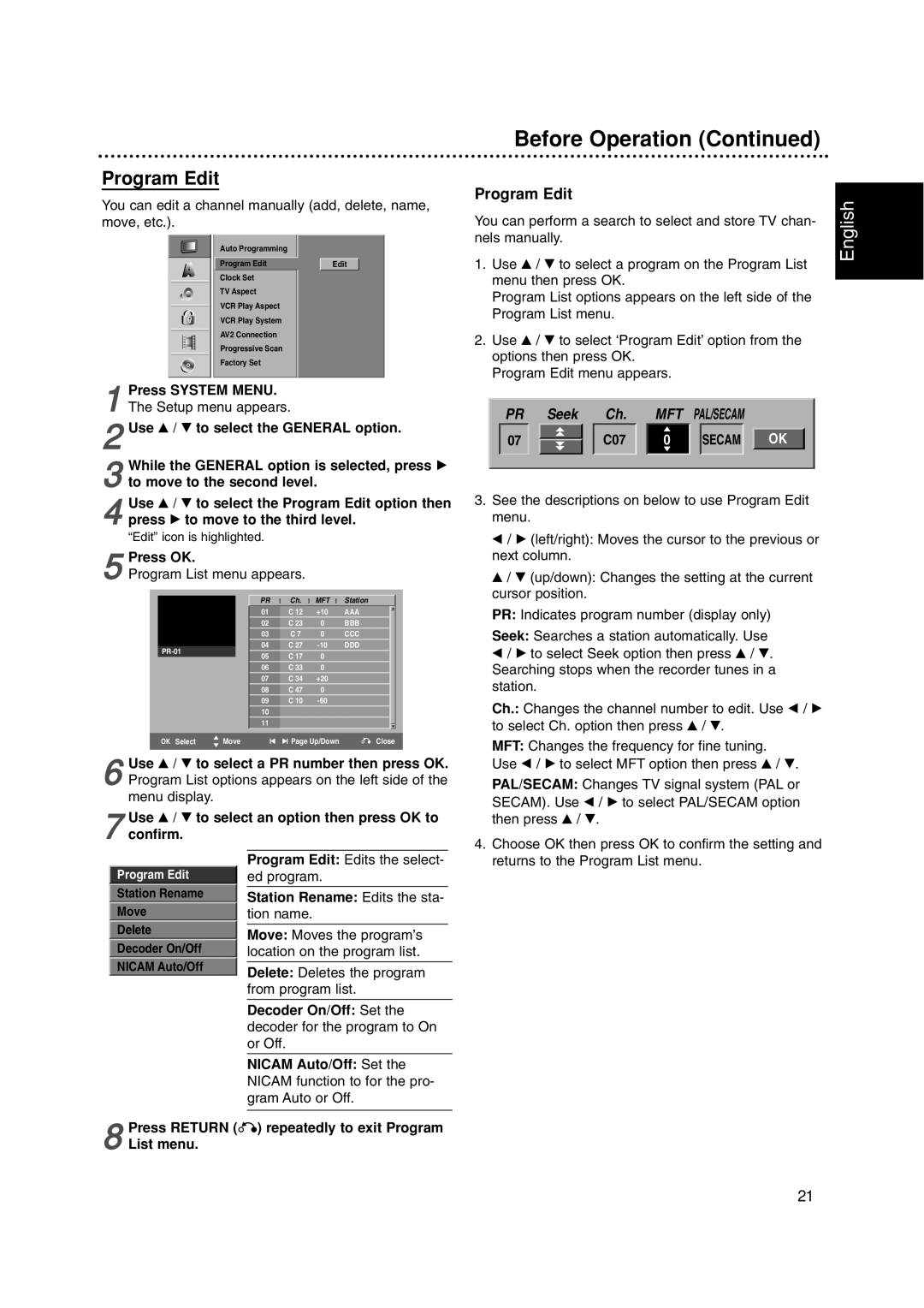 Philips DVDR3320V owner manual Before Operation, Program Edit 