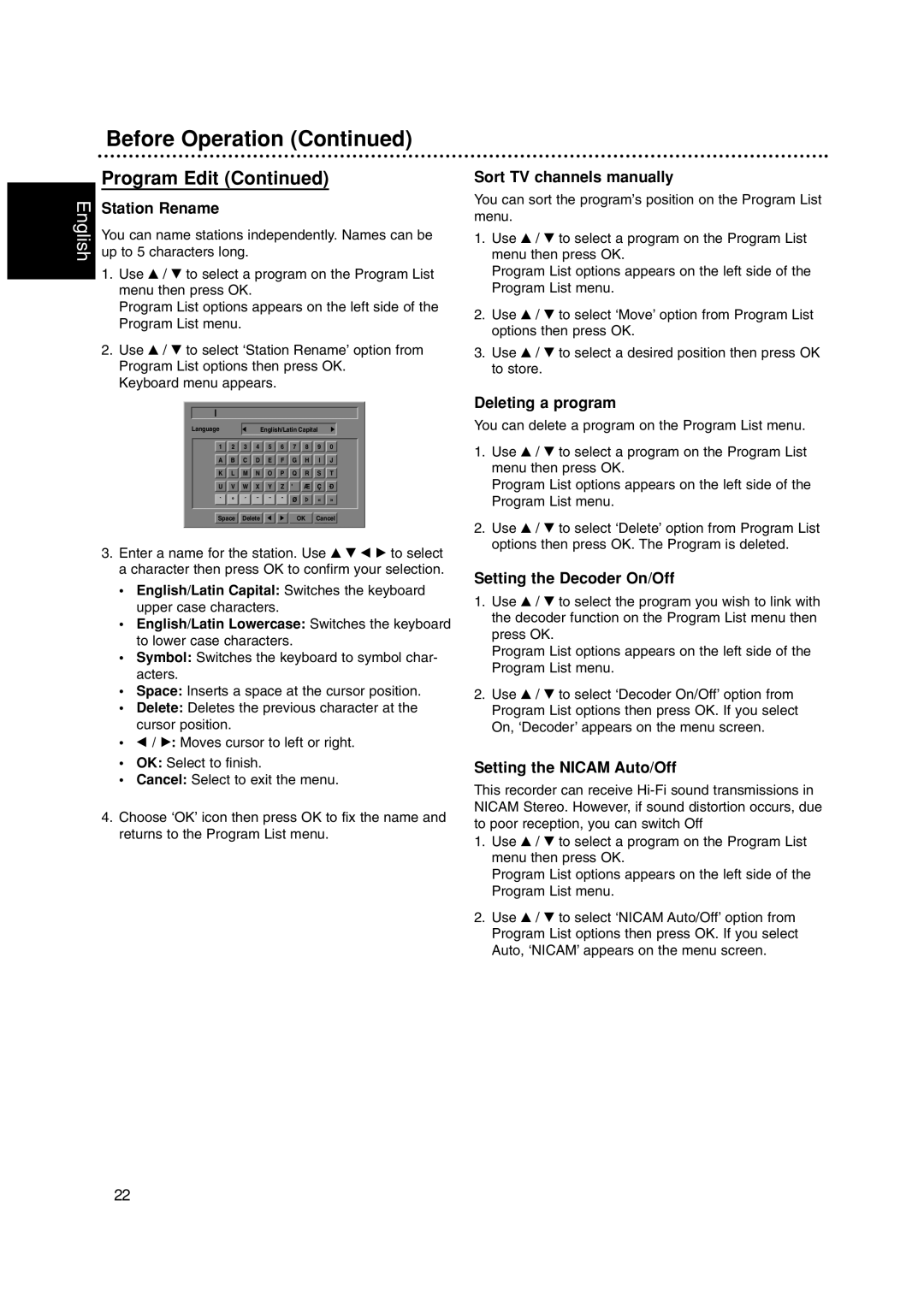 Philips DVDR3320V owner manual Program Edit, Sort TV channels manually, Deleting a program, Setting the Decoder On/Off 