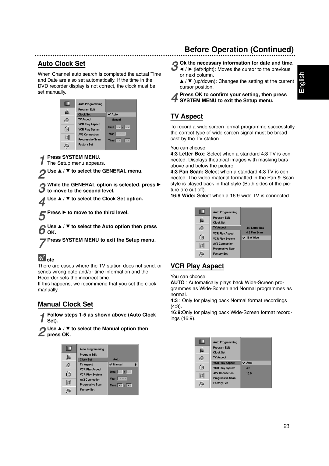 Philips DVDR3320V owner manual Auto Clock Set, Manual Clock Set, TV Aspect, VCR Play Aspect 