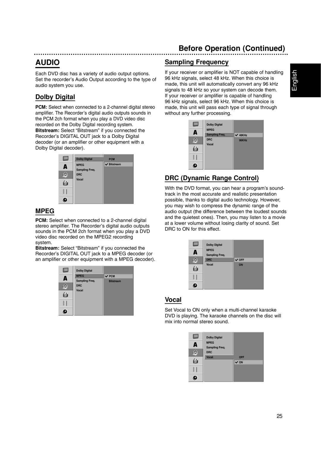 Philips DVDR3320V owner manual Dolby Digital, Sampling Frequency, DRC Dynamic Range Control, Vocal 